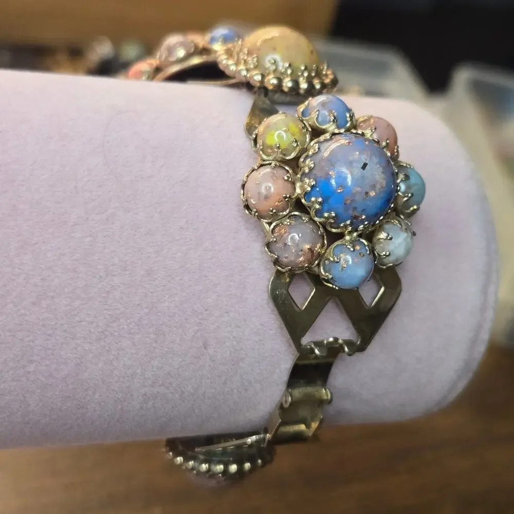 Vintage Victorian Revival Jeweled Link Panel Bracelet Gold Tone Pastel Cabochon